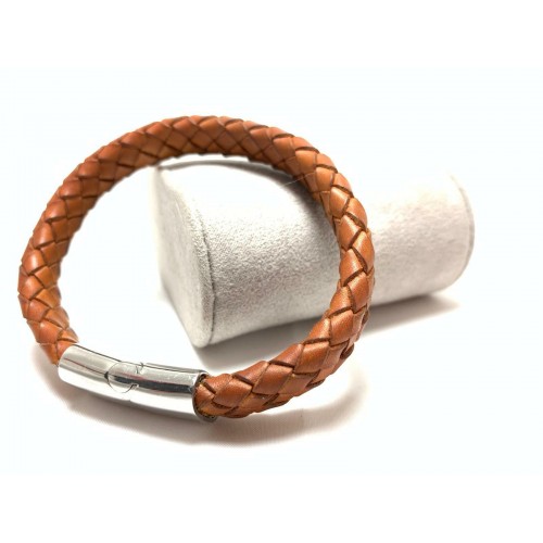 Men's Handmade Leather Braided Steel Magnetic Clasp Brown Durable Bracelet
