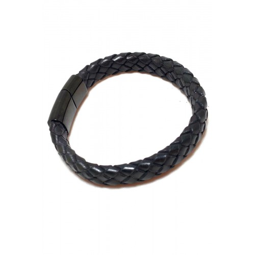 Handmade Men's Leather Braided Steel Magnetic Clasp Black Bracelet