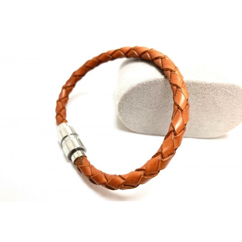 Men's Handmade Brown Leather Braided Steel Magnetic Clasp Bracelet